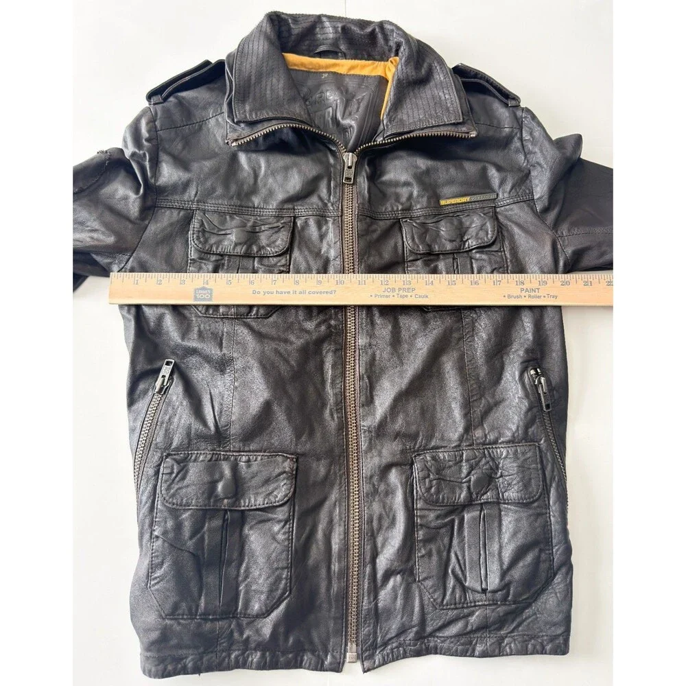 Superdry Men's Black Leather Brad Moto Logo Bomber Jacket Size Large